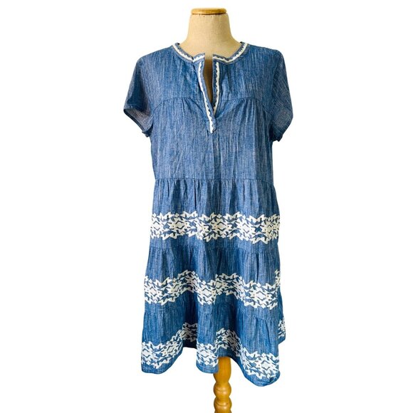 Roller Rabbit Womens Sz Larga Blue & White Embroidered Cotton Tiered Dress - Picture 9 of 9